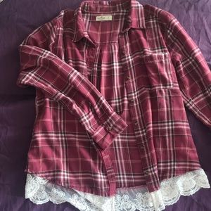 Hollister Red Plaid Button Up Laced Bottom